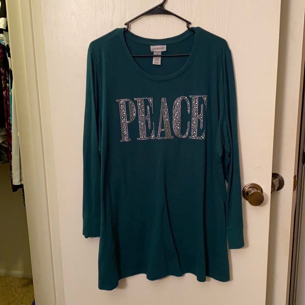 Catherines Christmas Green Long-Sleeve Bedazzled Peace T-Shirt